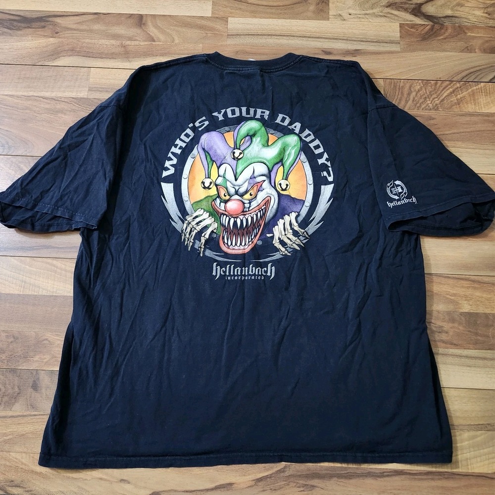 VTG Y2K Hellanbach Mens Evil Jester Who's Your Daddy Graphic T-Shirt Black 3XL - Picture 9 of 11